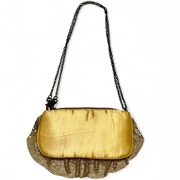 Shimmering Gold Mesh Evening Bag Zip Clutch Crossbody Glam Satin Chain Strap - Picture 4 of 10